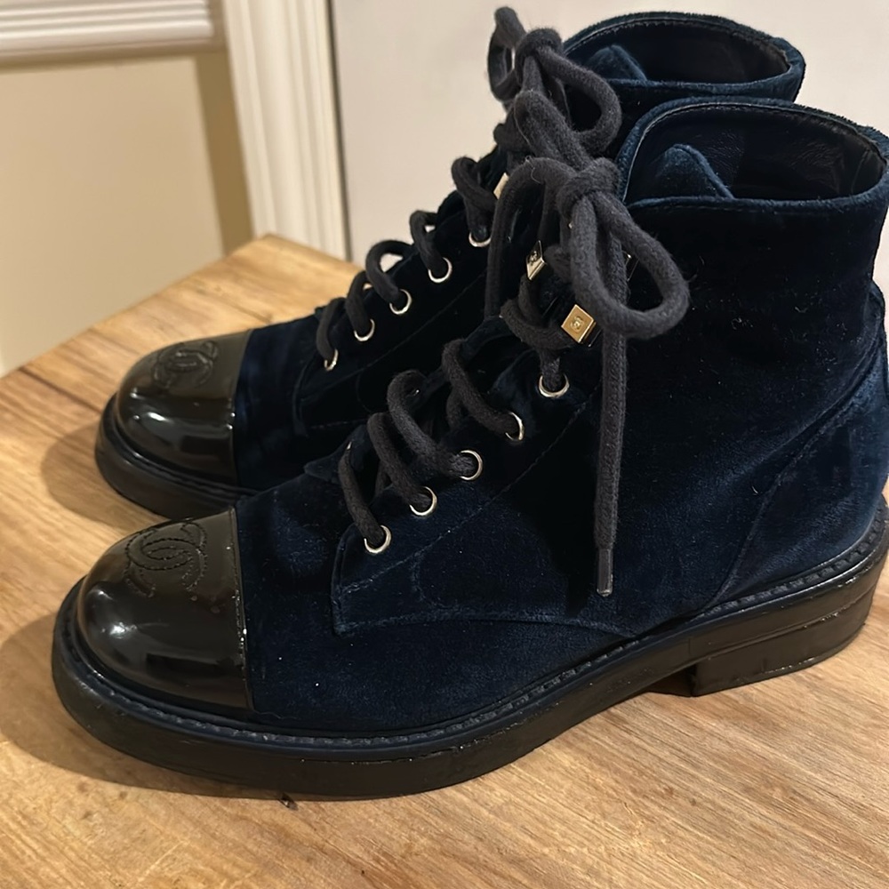 Velvet Chanel combat boots